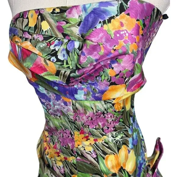 Victor Costa vintage 80s floral drop bow waist strapless party dress size 2 XS - Picture 4 of 8